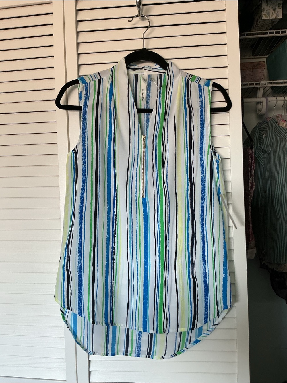 NY Collection Sleeveless Striped Zip-Front Camisole - Blue, Green, White